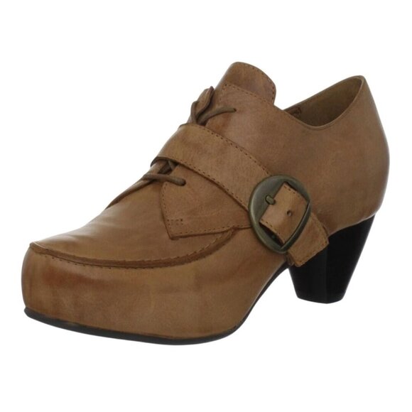 Miz Mooz Elvin Y2K Cognac Leather Lace Up Buckle Block Heel Shoe Size 7.5/8 - Picture 1 of 10